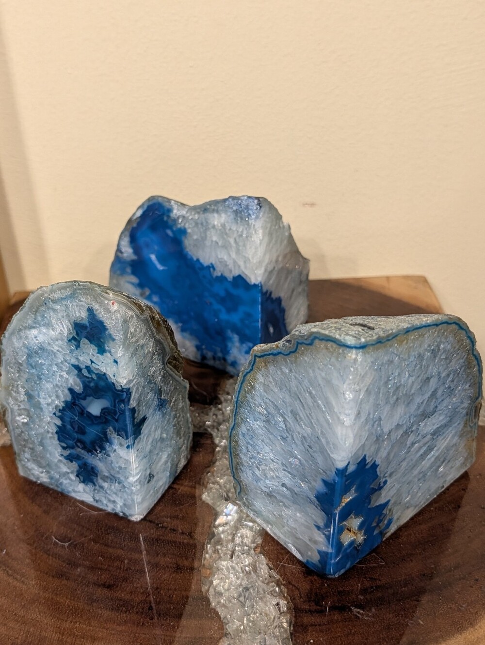 Agate Geode Sections Set of 3 Dyed Aquamarine Blue w/ Druzy